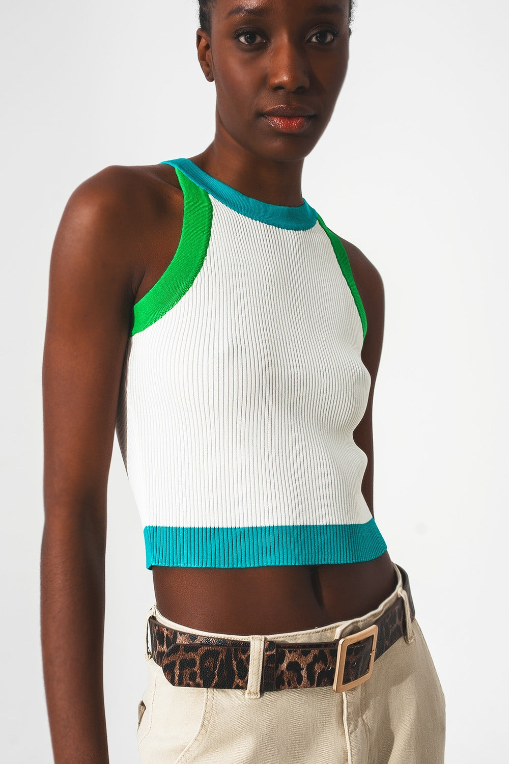 Ribbed cropped vest top in blue Q2store