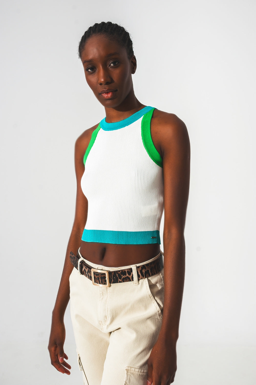 Ribbed cropped vest top in blue Q2store