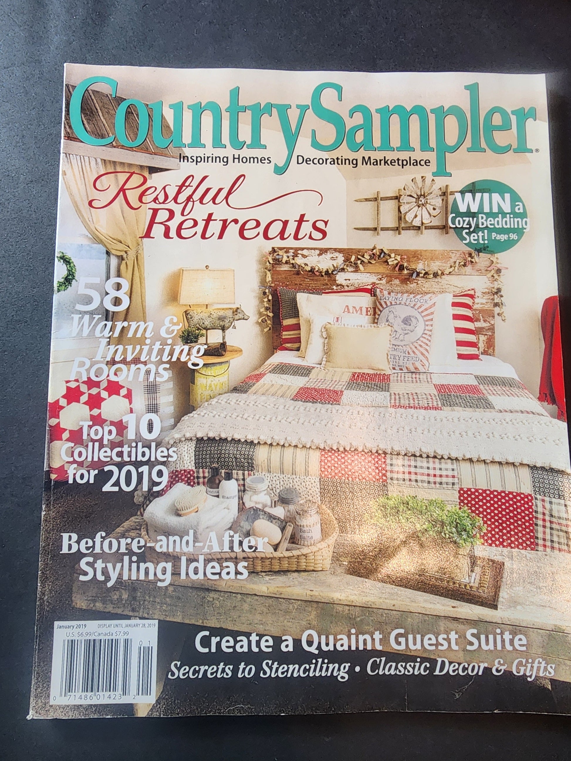 Country Sampler Jan 2019 Restful Retreats Create a Guest Suite, top 10 Collectibles Tennessee Junk Trunk