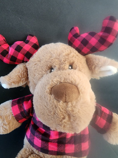 Plush Cuddle Stuffed Animal Brown Moose Rattles With Red Plaid Scarf and Ears Tennessee Junk Trunk