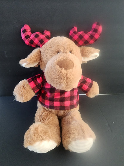 Plush Cuddle Stuffed Animal Brown Moose Rattles With Red Plaid Scarf and Ears Tennessee Junk Trunk