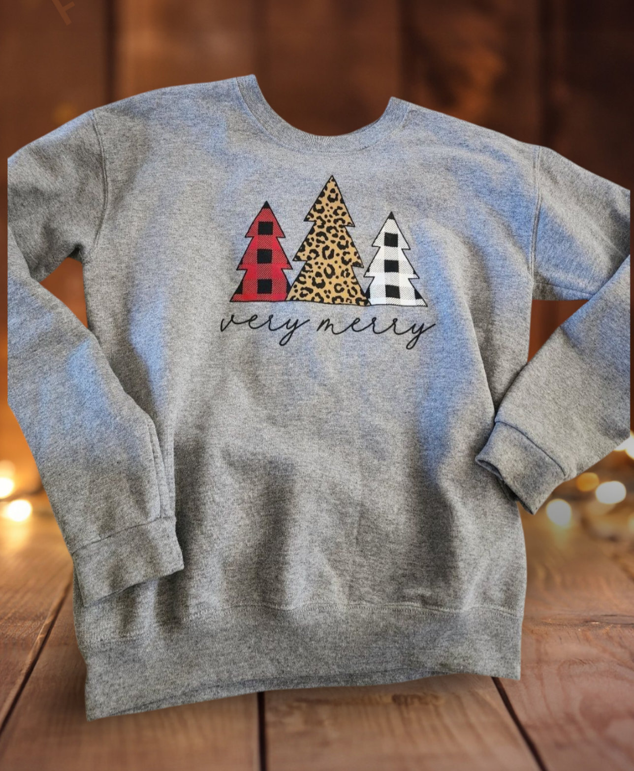 Girls' "Very Merry" Christmas Tree Sweatshirt Gray Buffalo Plaid Leopard Large Tennessee Junk Trunk