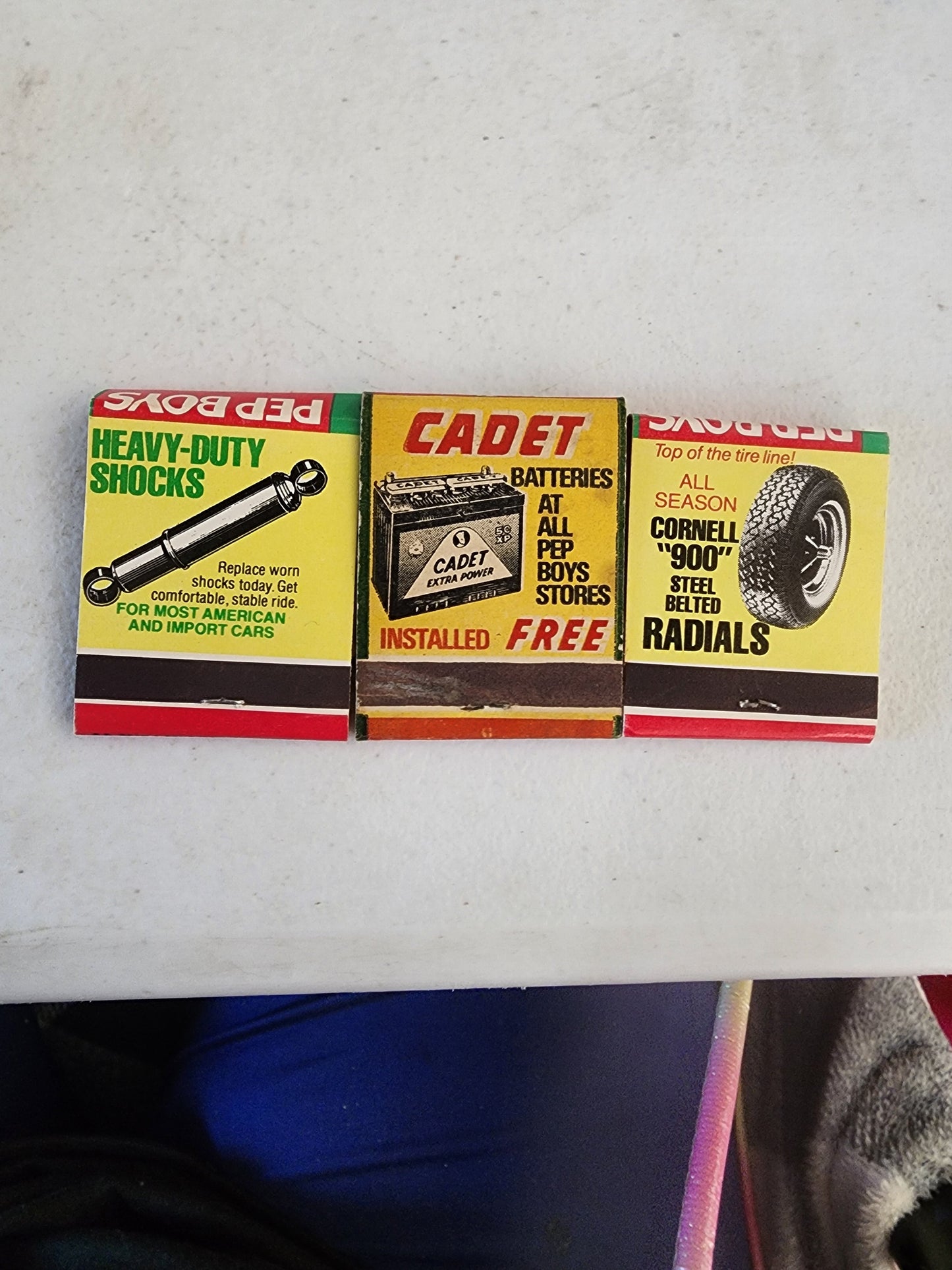 1930s - 1940s Pep Boys Matchbook Advertising Cadet Batteries Cornell tires, Tennessee Junk Trunk