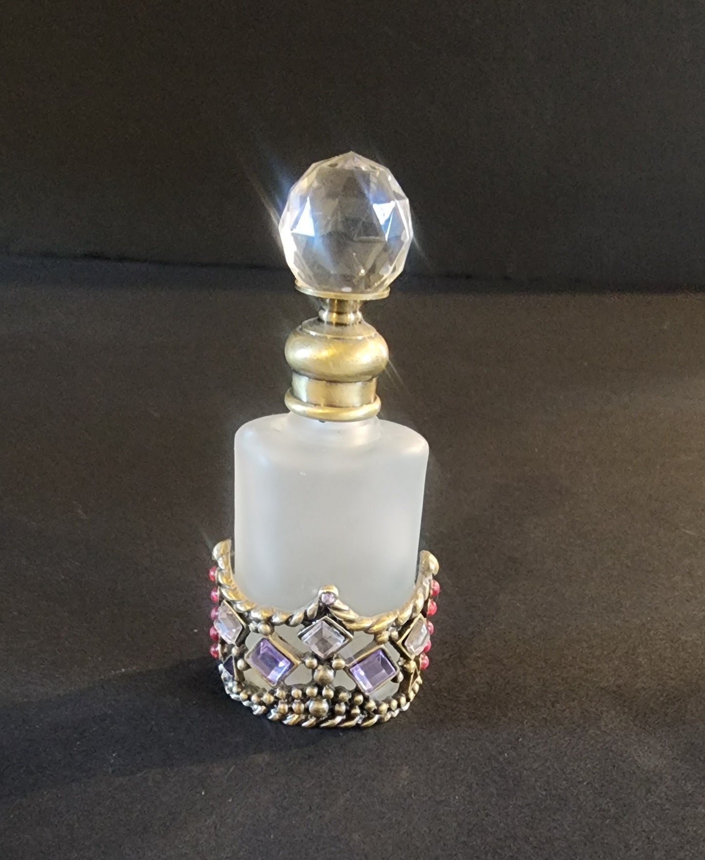 Vtg Perfume Bottle Decanter Rhinestones Purple Pink Jewels Refillable Frosted Tennessee Junk Trunk
