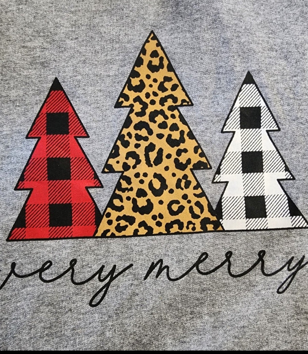 Girls' "Very Merry" Christmas Tree Sweatshirt Gray Buffalo Plaid Leopard Large Tennessee Junk Trunk