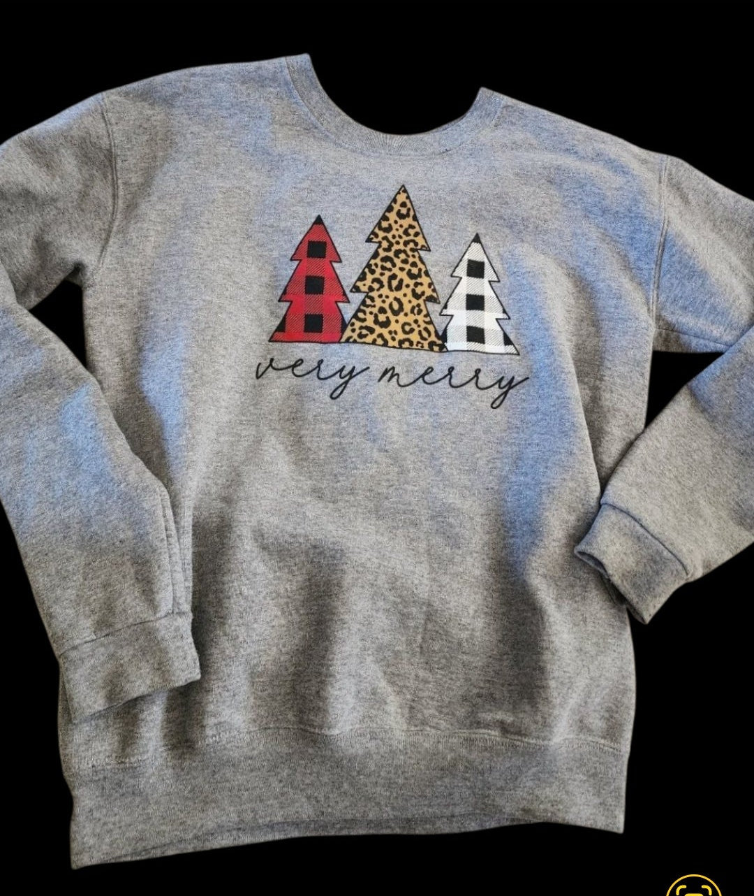 Girls' "Very Merry" Christmas Tree Sweatshirt Gray Buffalo Plaid Leopard Large Tennessee Junk Trunk