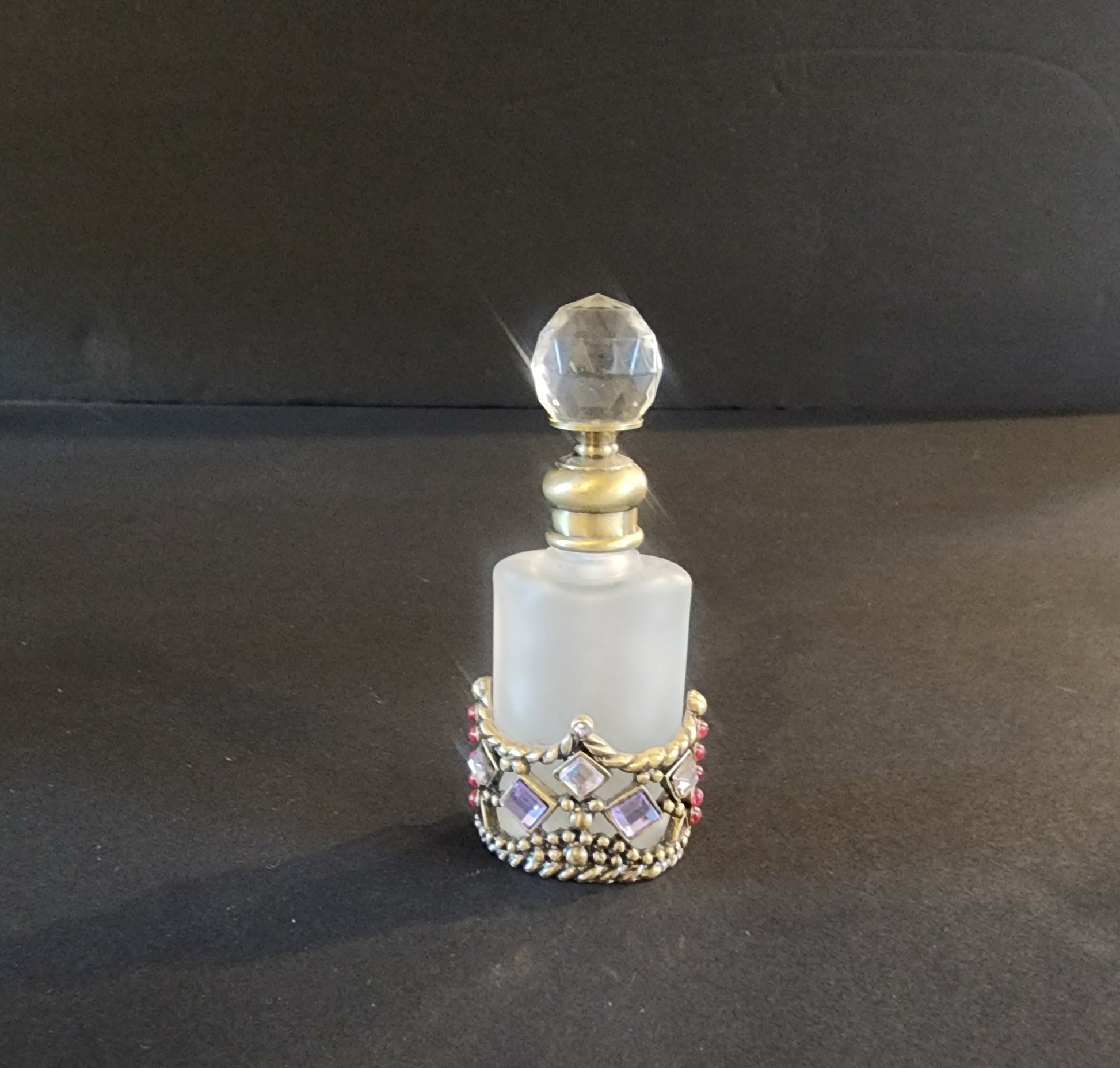 Vtg Perfume Bottle Decanter Rhinestones Purple Pink Jewels Refillable Frosted Tennessee Junk Trunk
