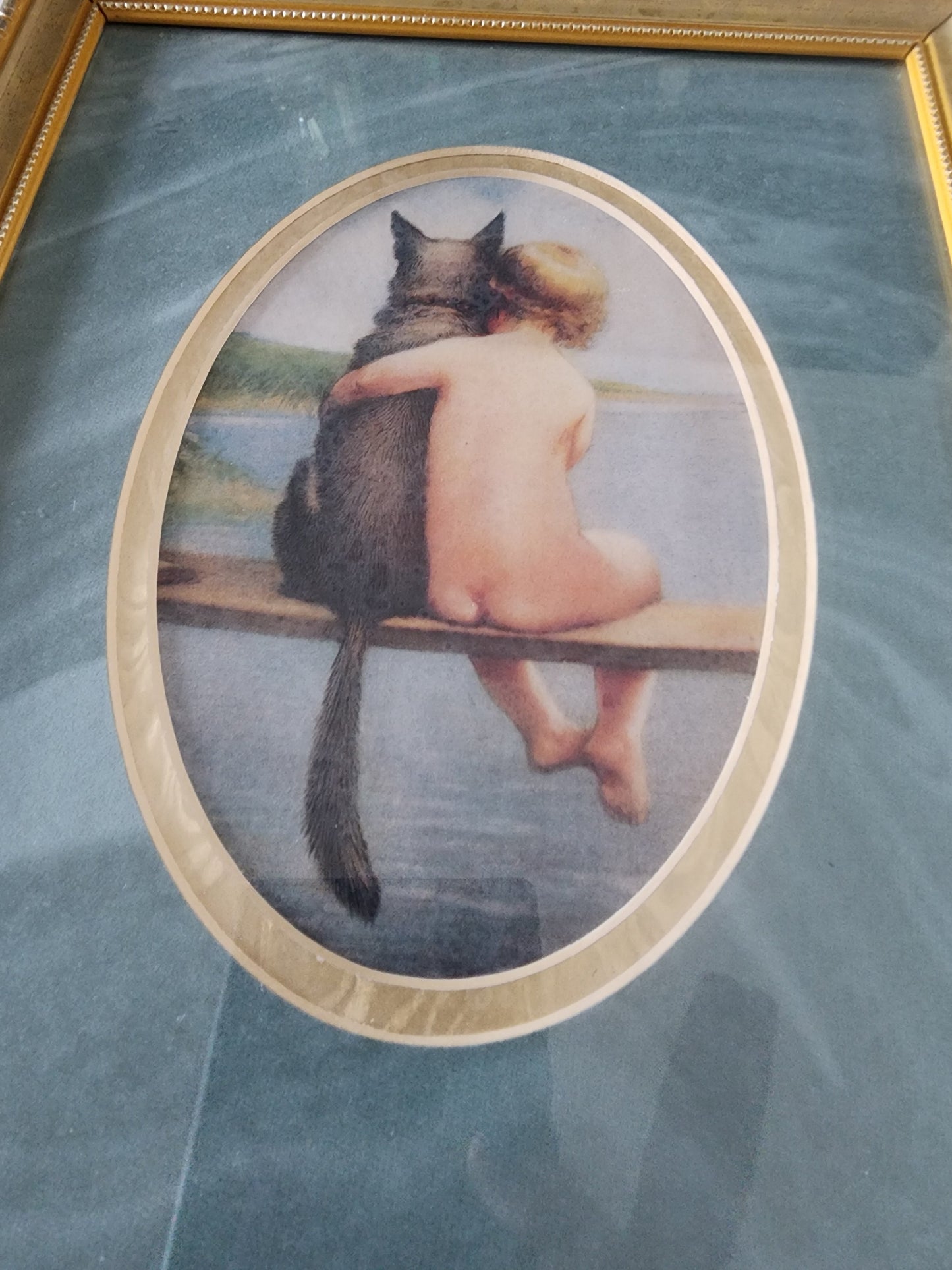 Gold Framed Print of boy and his dog, Pals 11.50" T x 9.15" w Bathing Beauties Tennessee Junk Trunk