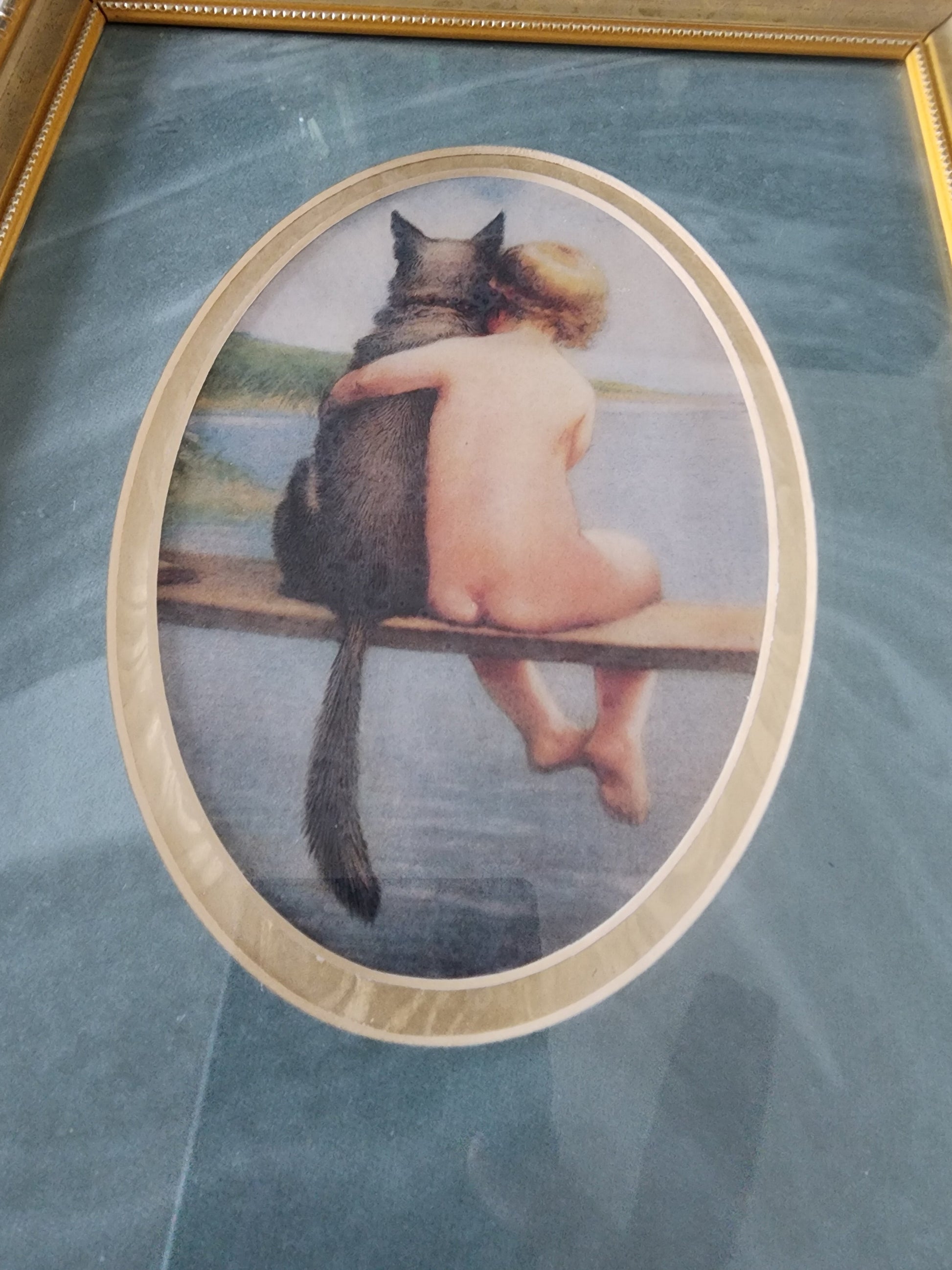 Gold Framed Print of boy and his dog, Pals 11.50" T x 9.15" w Bathing Beauties Tennessee Junk Trunk