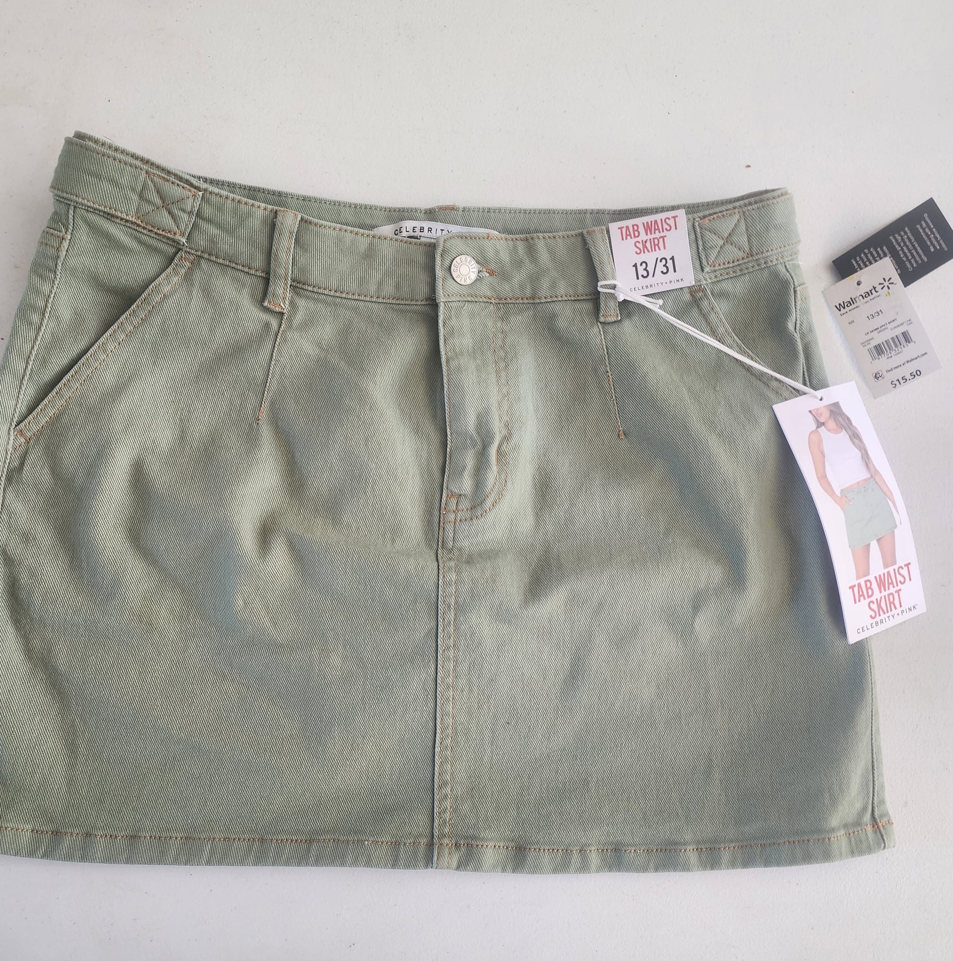Women's New Green Denim Skirt 13/31 by Celebrity Pink 14.75" long waist 31" Tennessee Junk Trunk