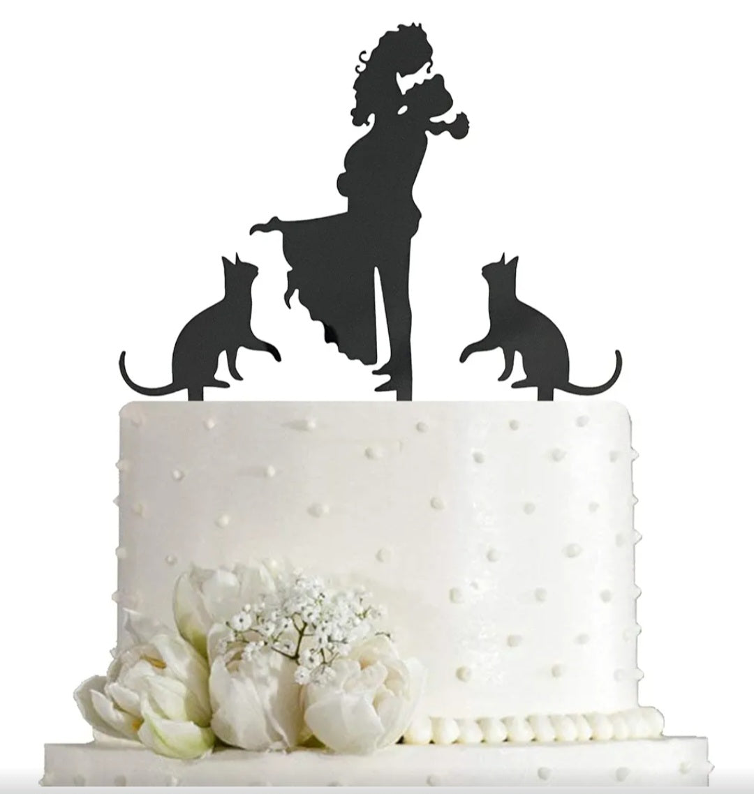 Wedding Cake Topper - Bride Hold Groom with Flowers Besides Two Pet Cats Silhouette Cake Decoration Tennessee Junk Trunk