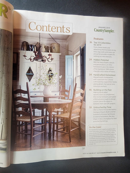 Country Sampler Jan 2019 Restful Retreats Create a Guest Suite, top 10 Collectibles Tennessee Junk Trunk