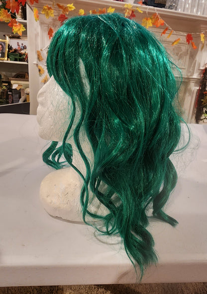 Green Wavy Wig with Bangs - Perfect for Cosplay, Halloween, or Parties Tennessee Junk Trunk