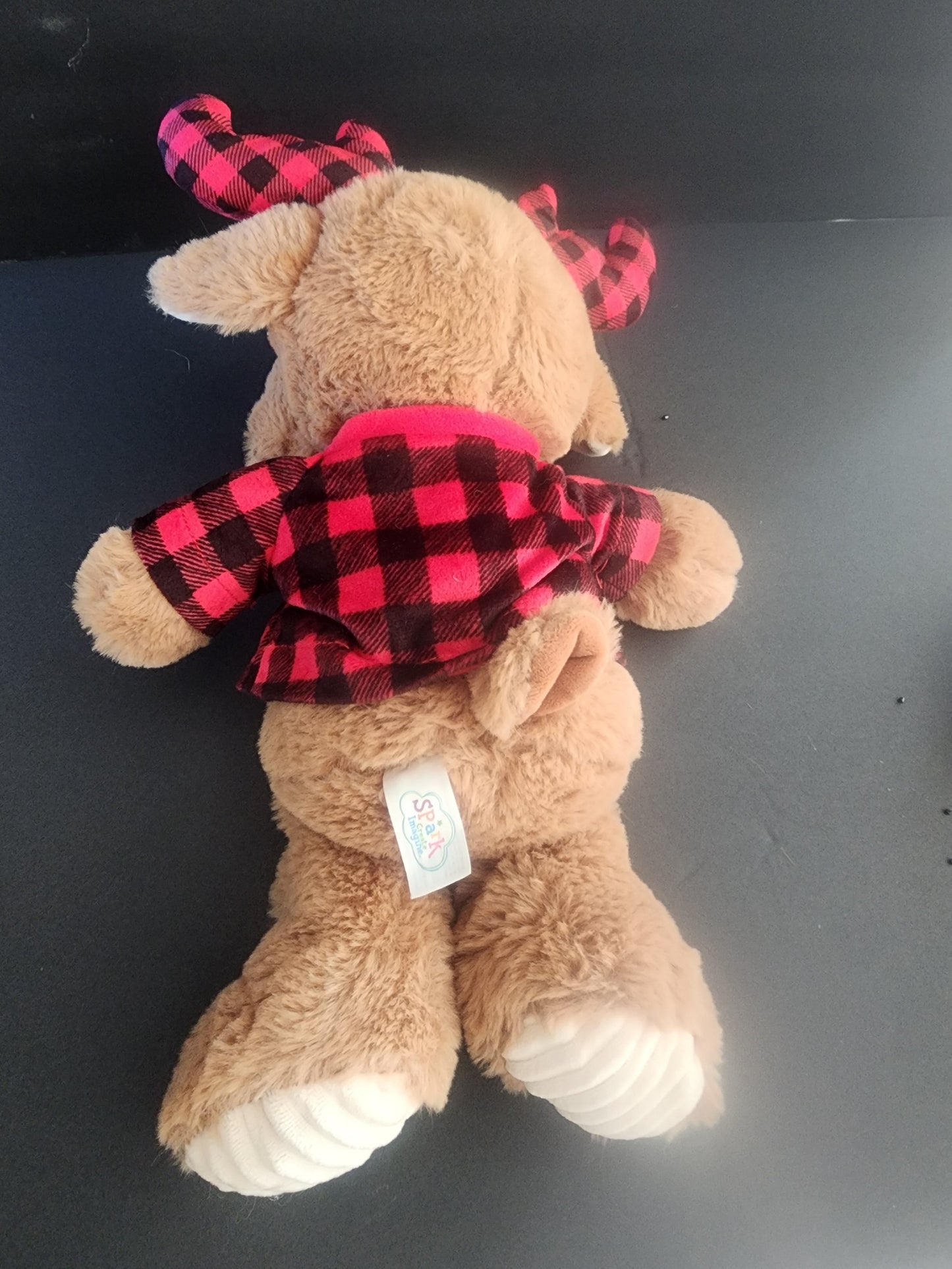 Plush Cuddle Stuffed Animal Brown Moose Rattles With Red Plaid Scarf and Ears Tennessee Junk Trunk