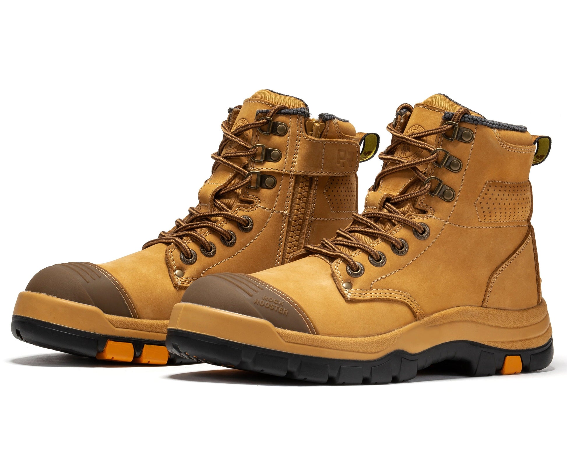 ROCKROOSTER Madison Tan 6 inch Zip-sided Steel Toe Leather Work Boots AK052 Rock Rooster Footwear Inc