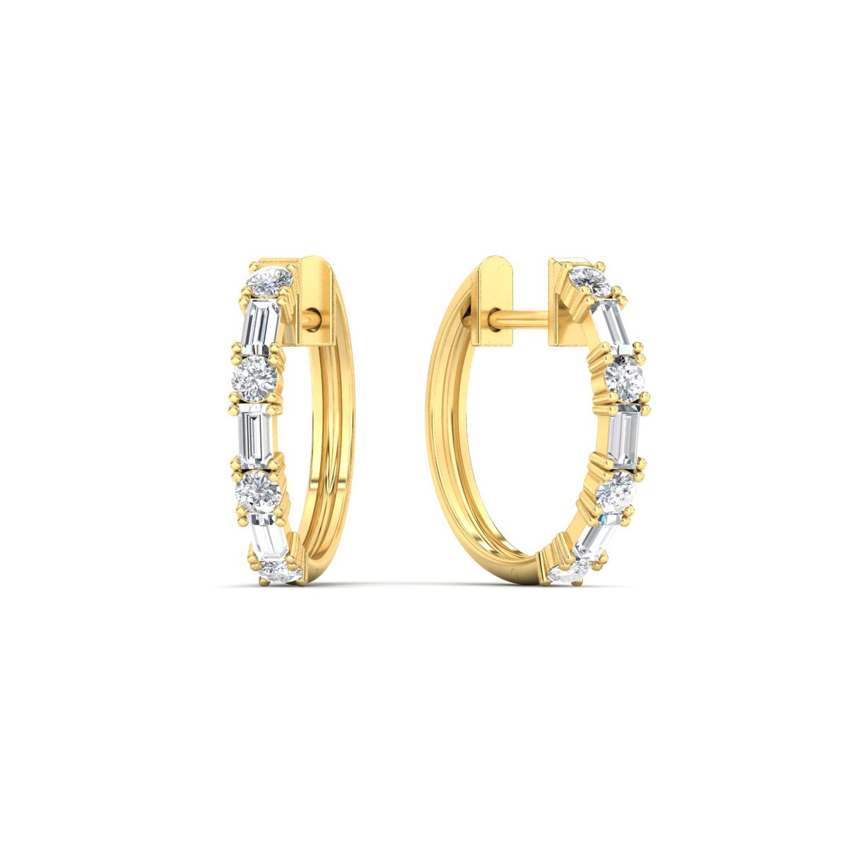 Round And Baguette Huggie Earrings Fascinating Diamonds