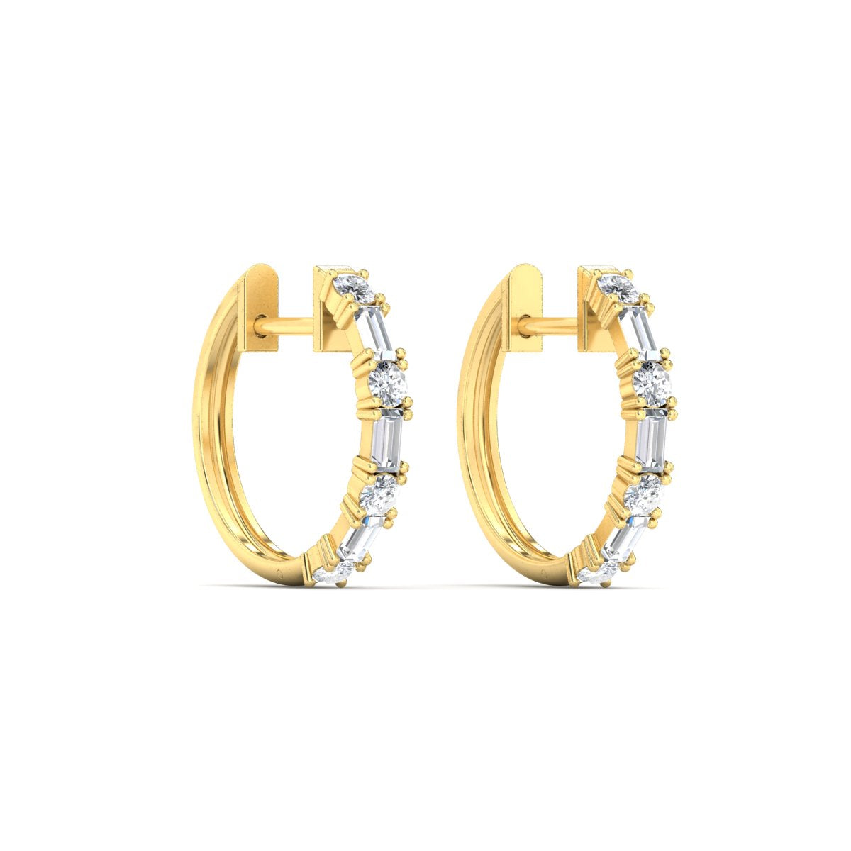 Round And Baguette Huggie Earrings Fascinating Diamonds