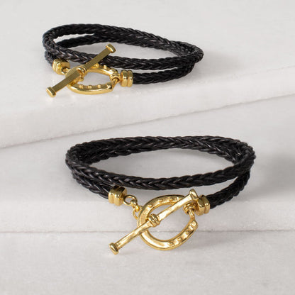 Roundup - Braided Leather Horseshoe Bracelet in Black & Gold Urban-Equestrian