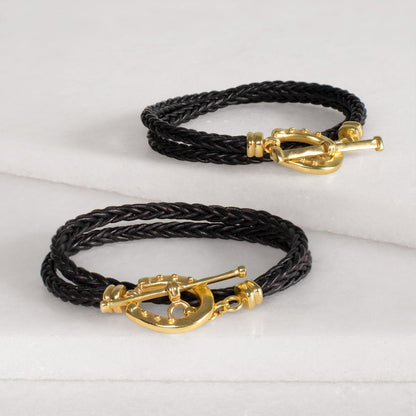 Roundup - Braided Leather Horseshoe Bracelet in Black & Gold Urban-Equestrian