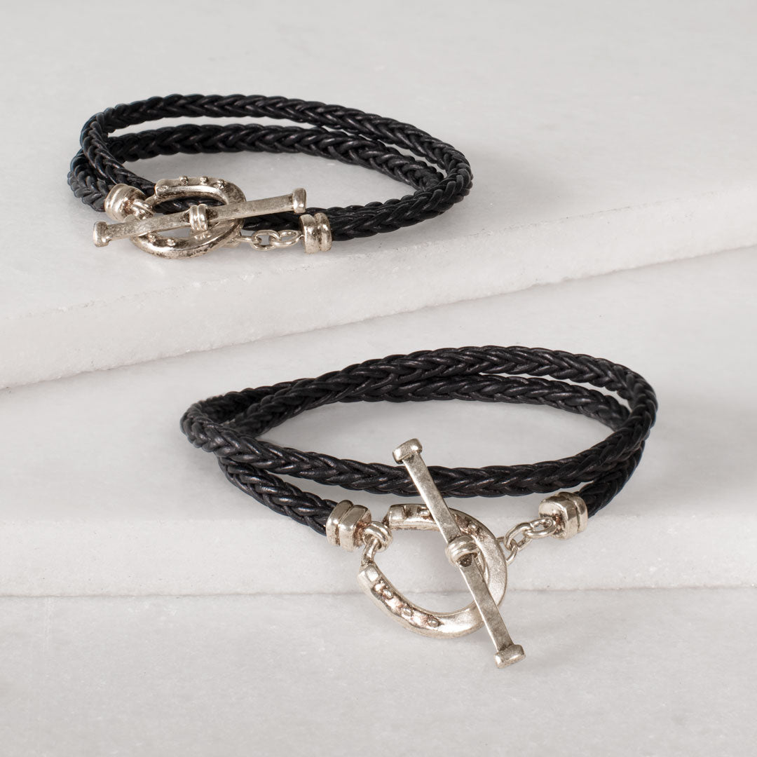 Roundup - Braided Leather Horseshoe Bracelet in Black & Silver Urban-Equestrian
