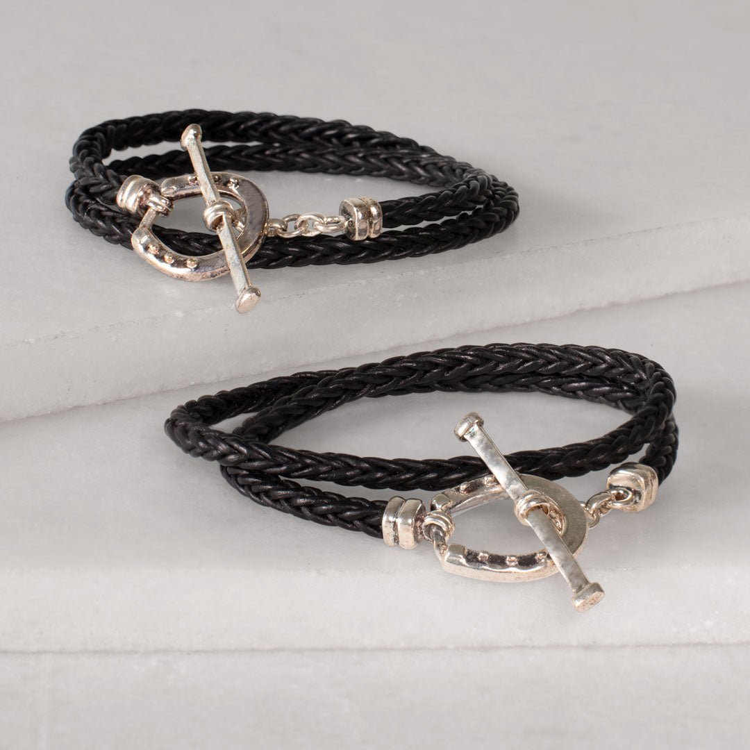 Roundup - Braided Leather Horseshoe Bracelet in Black & Silver Urban-Equestrian