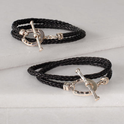 Roundup - Braided Leather Horseshoe Bracelet in Black & Silver Urban-Equestrian