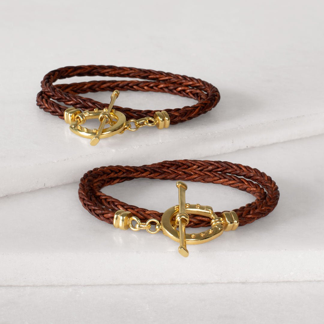 Roundup - Braided Leather Horseshoe Bracelet in Brown & Gold Urban-Equestrian