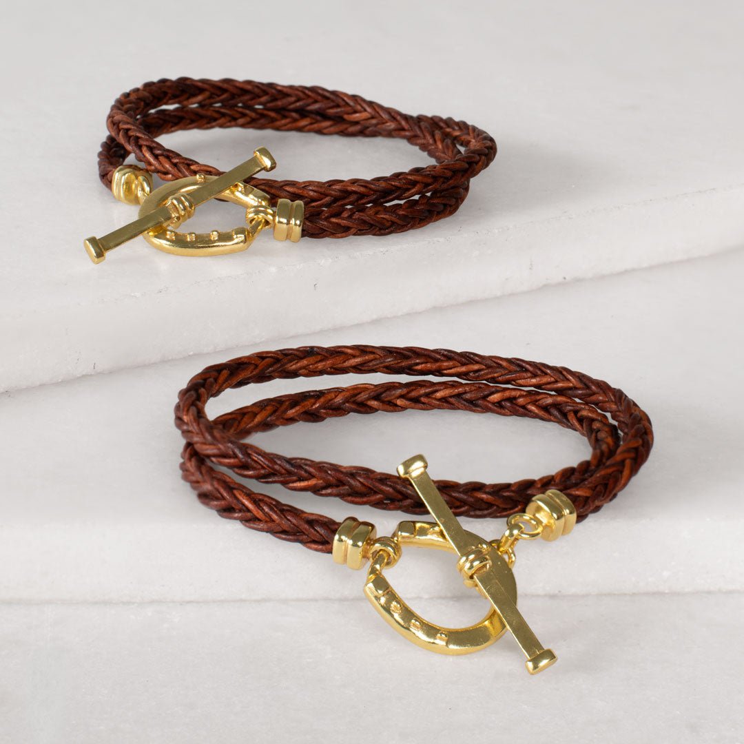 Roundup - Braided Leather Horseshoe Bracelet in Brown & Gold Urban-Equestrian