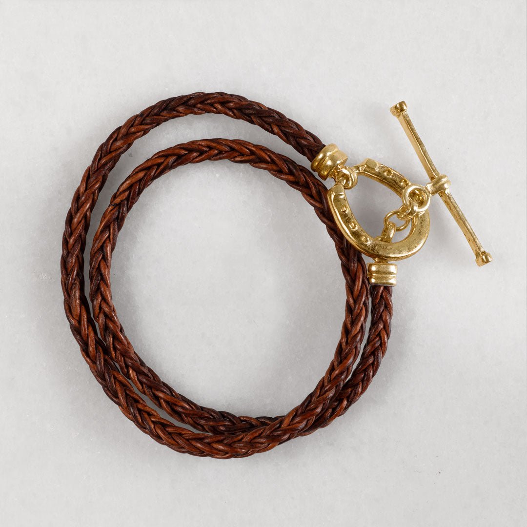 Roundup - Braided Leather Horseshoe Bracelet in Brown & Gold Urban-Equestrian