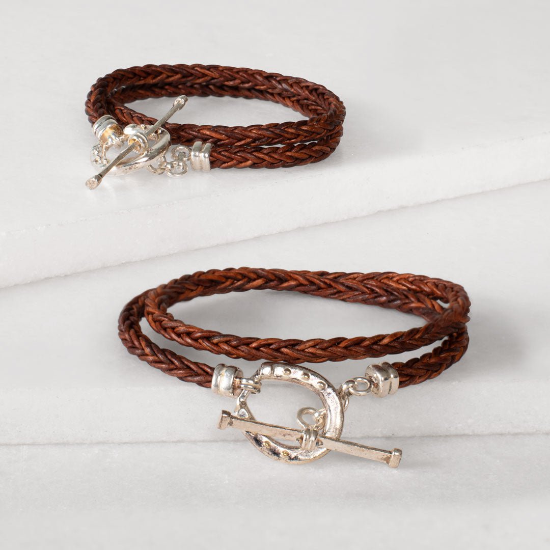 Roundup - Braided Leather Horseshoe Bracelet in Brown & Silver Urban-Equestrian