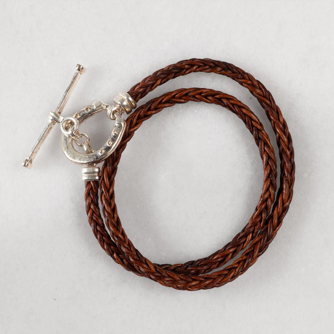 Roundup - Braided Leather Horseshoe Bracelet in Brown & Silver Urban-Equestrian