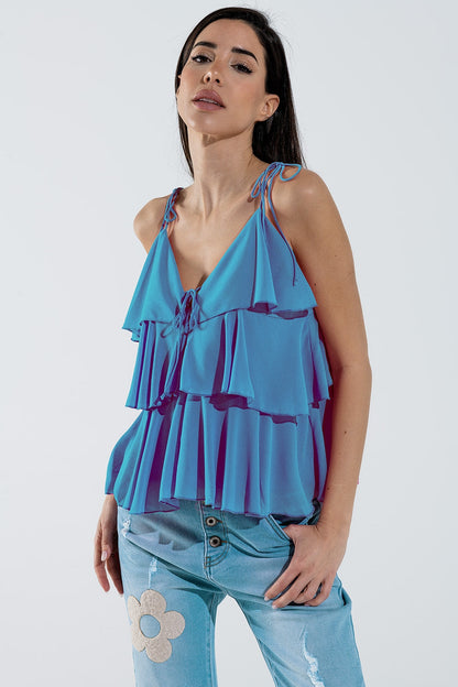 Ruffle Top WIth Thin straps in Blue Q2store