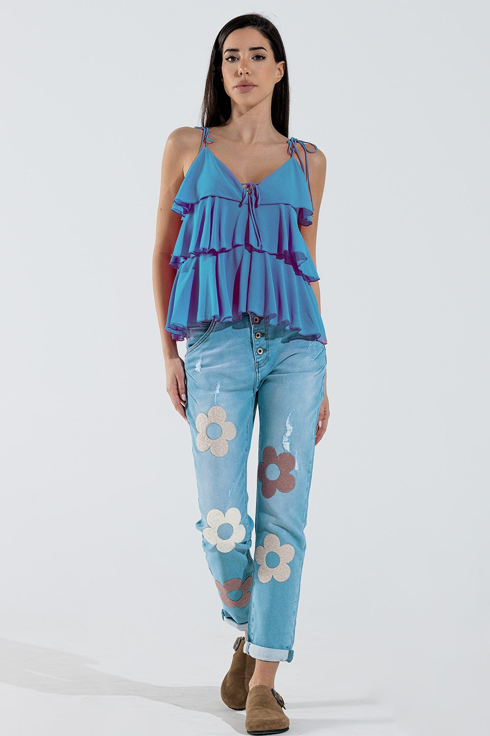 Ruffle Top WIth Thin straps in Blue Q2store