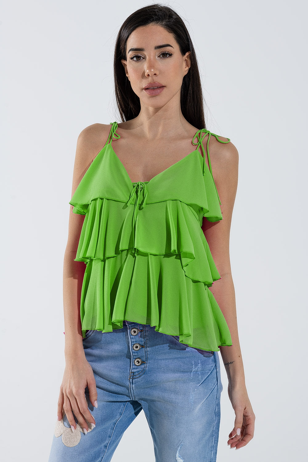 Ruffle Top WIth Thin straps in Green Q2store