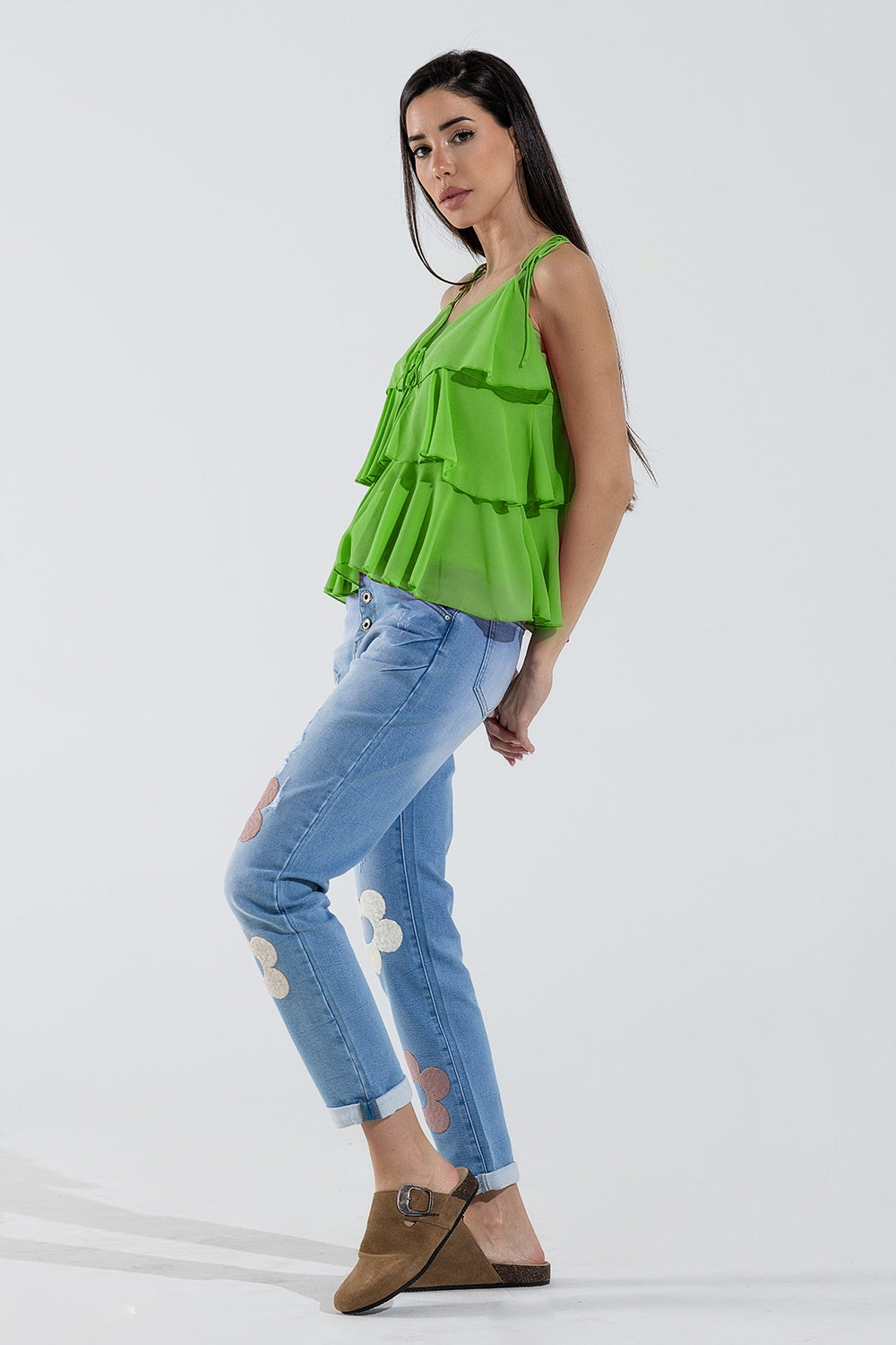 Ruffle Top WIth Thin straps in Green Q2store