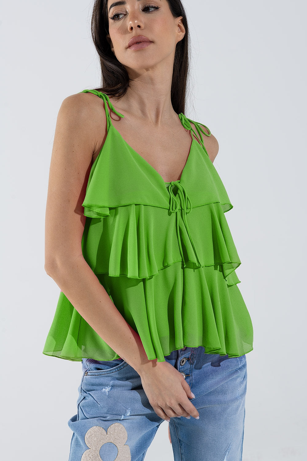Ruffle Top WIth Thin straps in Green Q2store
