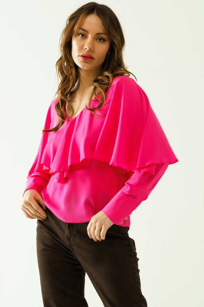 Ruffled V-neck top with buttoned cuffs and tie in the back detal in fuchsia Q2store