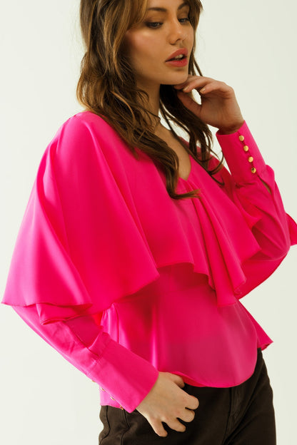 Ruffled V-neck top with buttoned cuffs and tie in the back detal in fuchsia Q2store