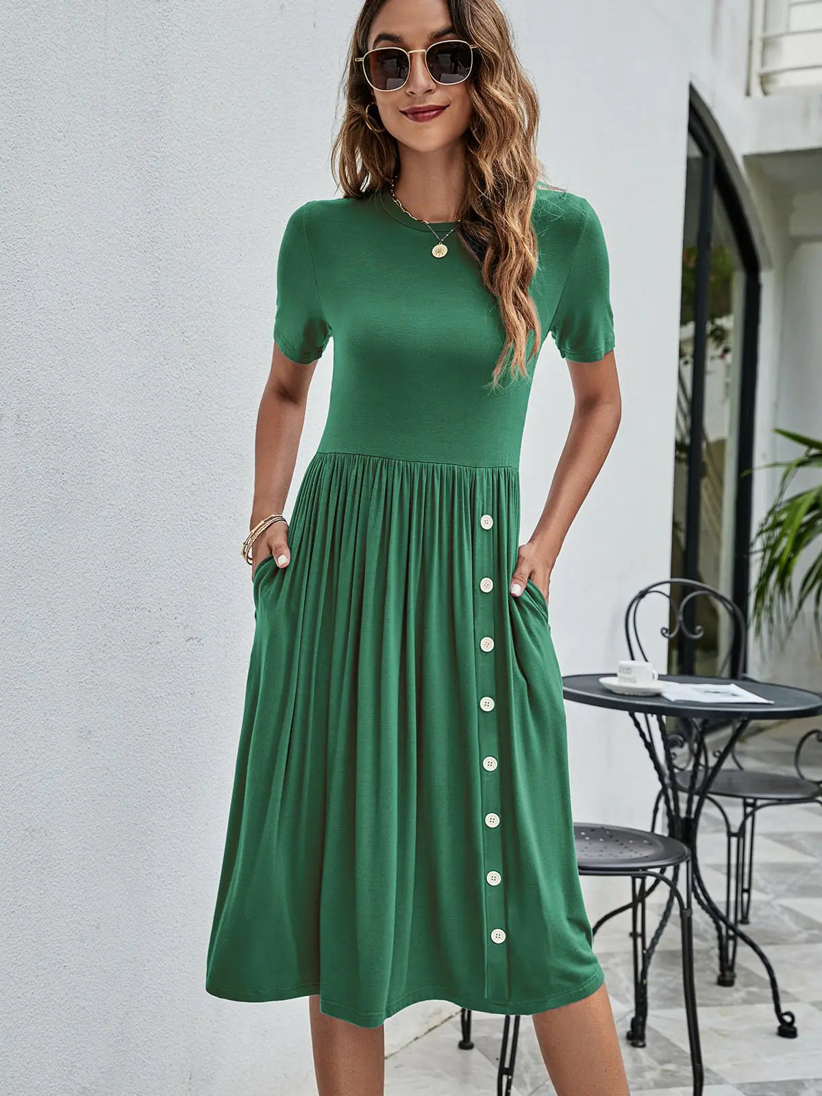 Solid Color Button Pocket Casual Women's Dress
