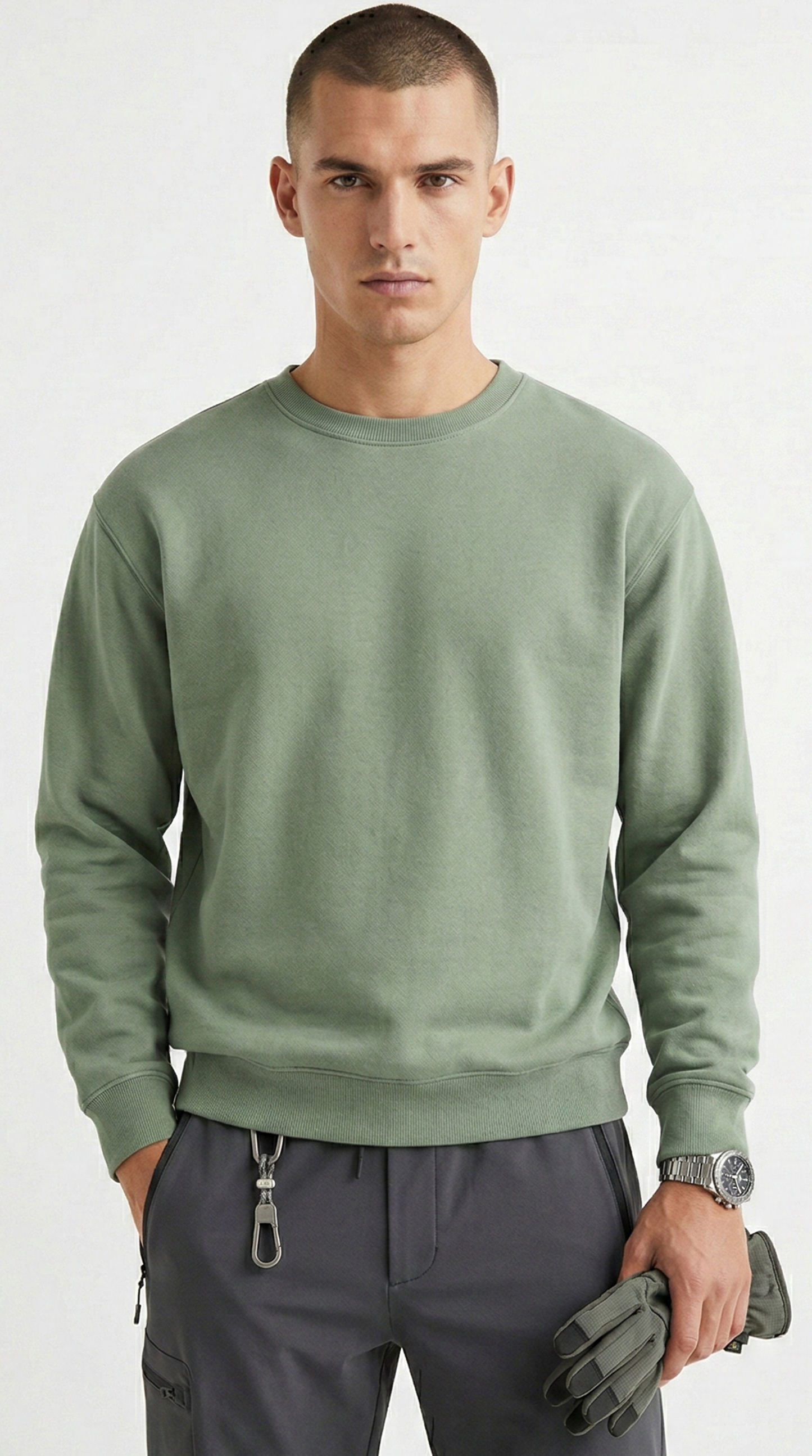 Men Essential Cotton-Blend Crewneck Sweatshirt -Sage Tinyloverclothing