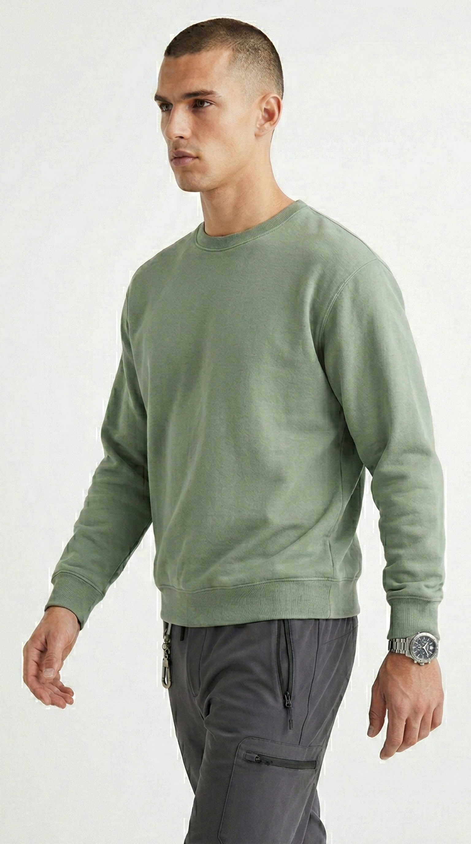 Men Essential Cotton-Blend Crewneck Sweatshirt -Sage Tinyloverclothing