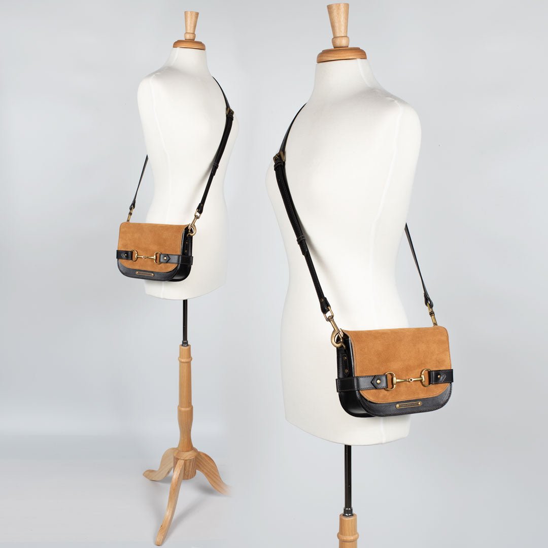 Saratoga- Horse Bit Crossbody Luxury Leather Handbag in Black on Chestnut Urban-Equestrian