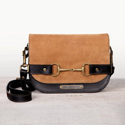 Saratoga- Horse Bit Crossbody Luxury Leather Handbag in Black on Chestnut Urban-Equestrian
