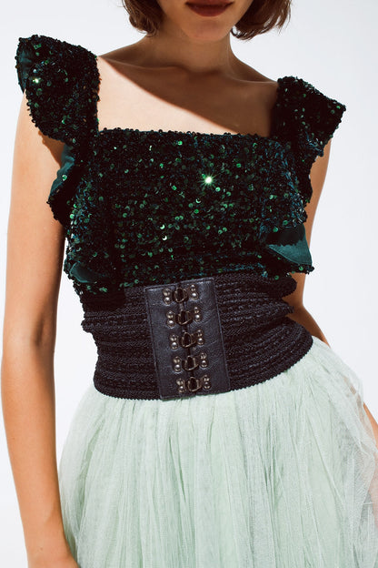 Sequin Cropped top in green with wide straps Q2store