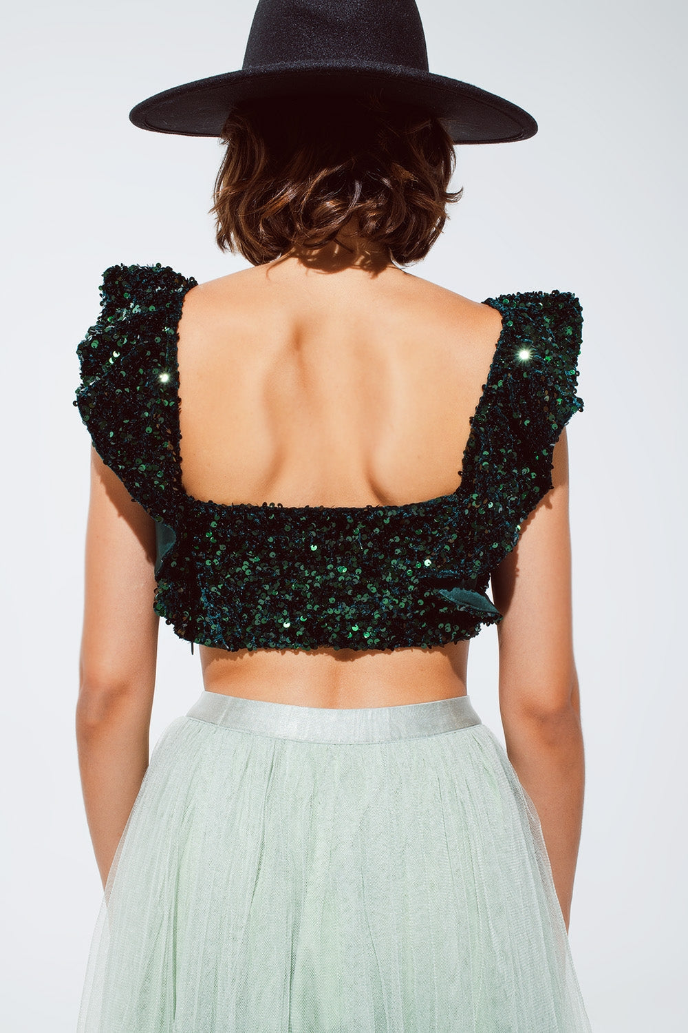 Sequin Cropped top in green with wide straps Q2store