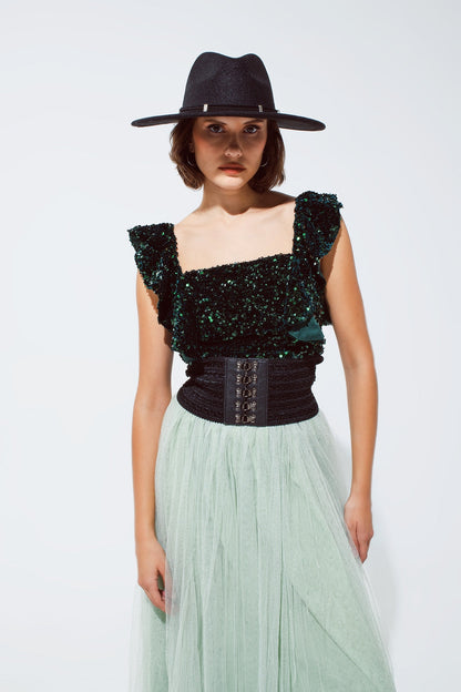 Sequin Cropped top in green with wide straps Q2store