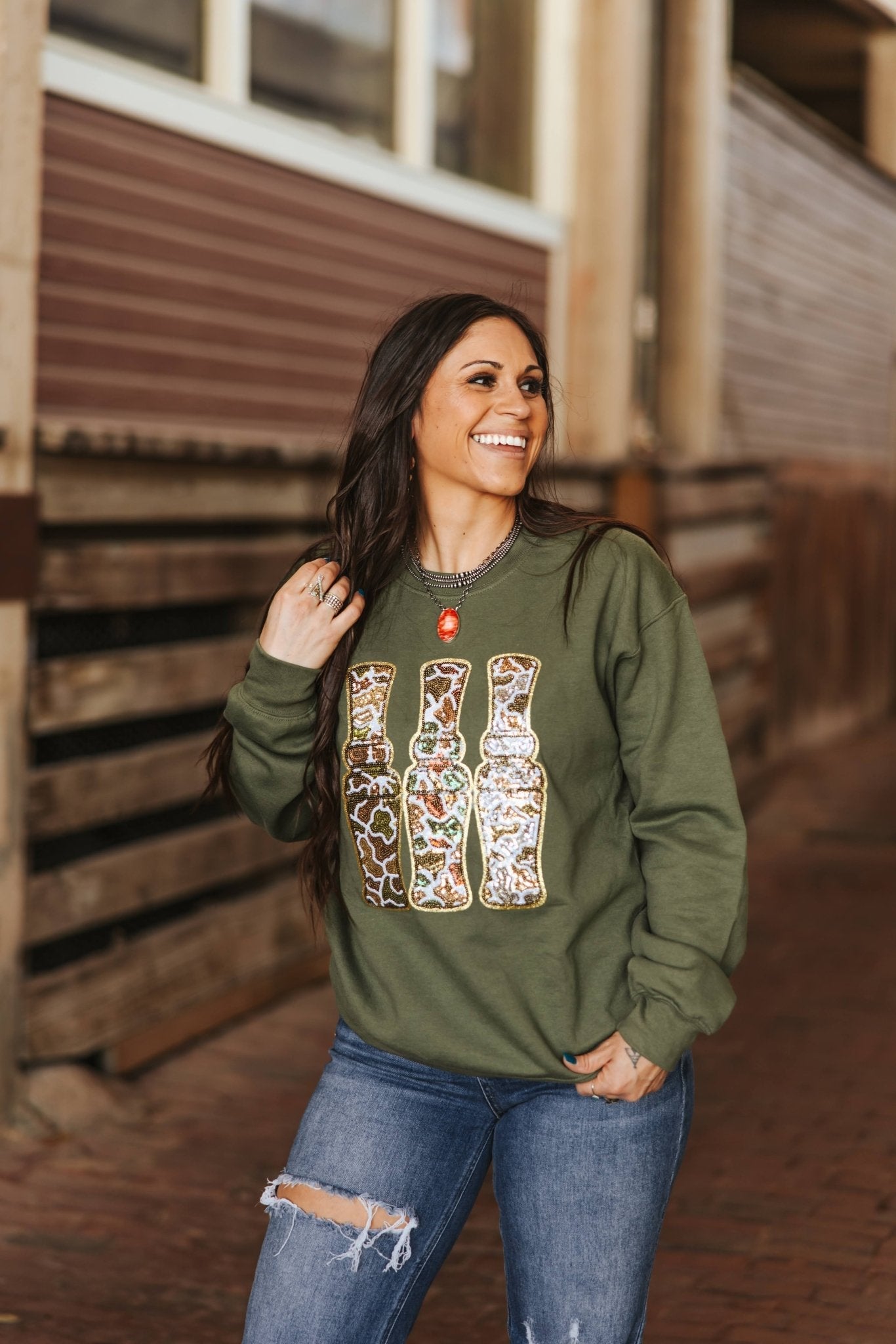 Sequin Hunting Duck Calls Patch Sweatshirt Wild Junkie