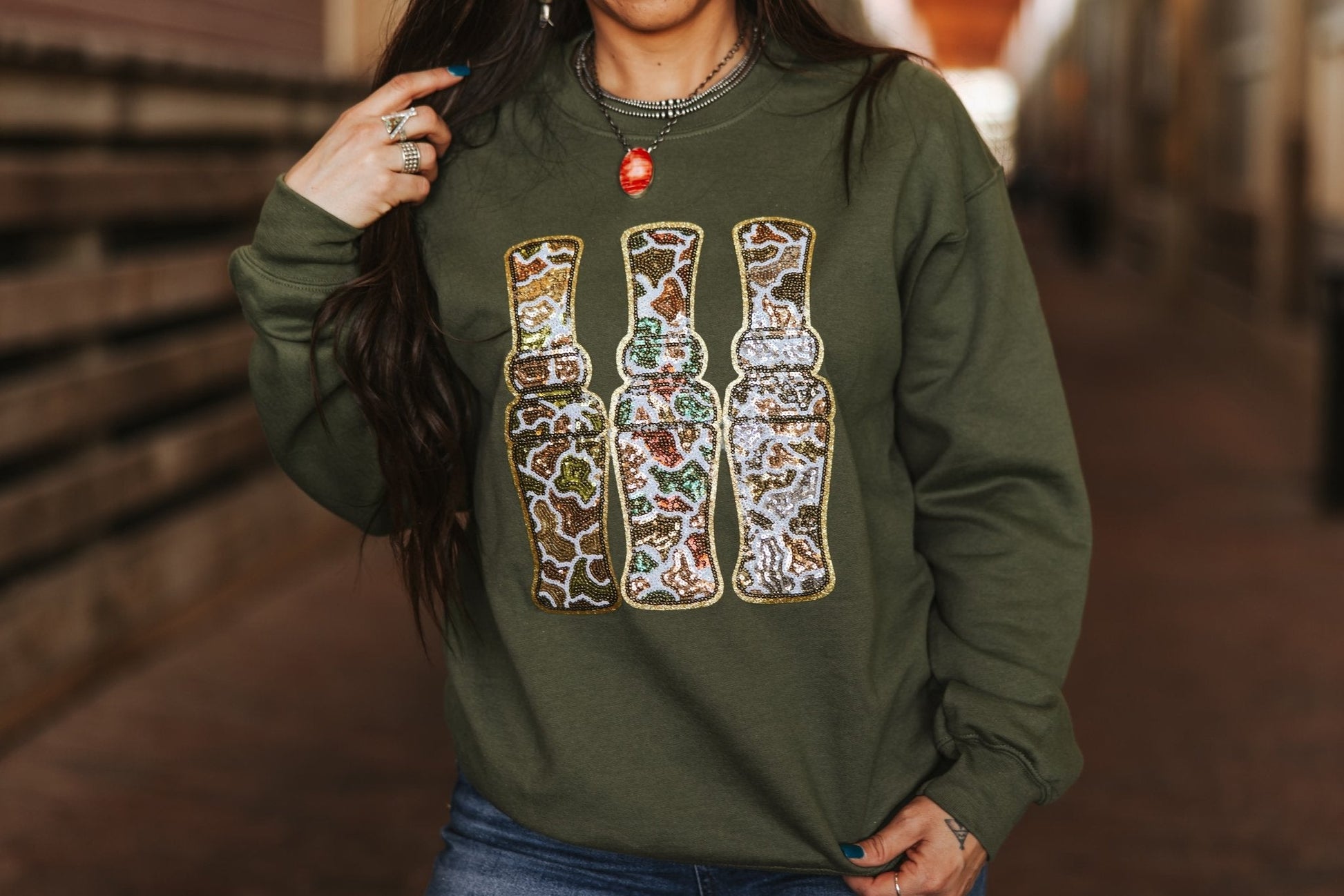 Sequin Hunting Duck Calls Patch Sweatshirt Wild Junkie