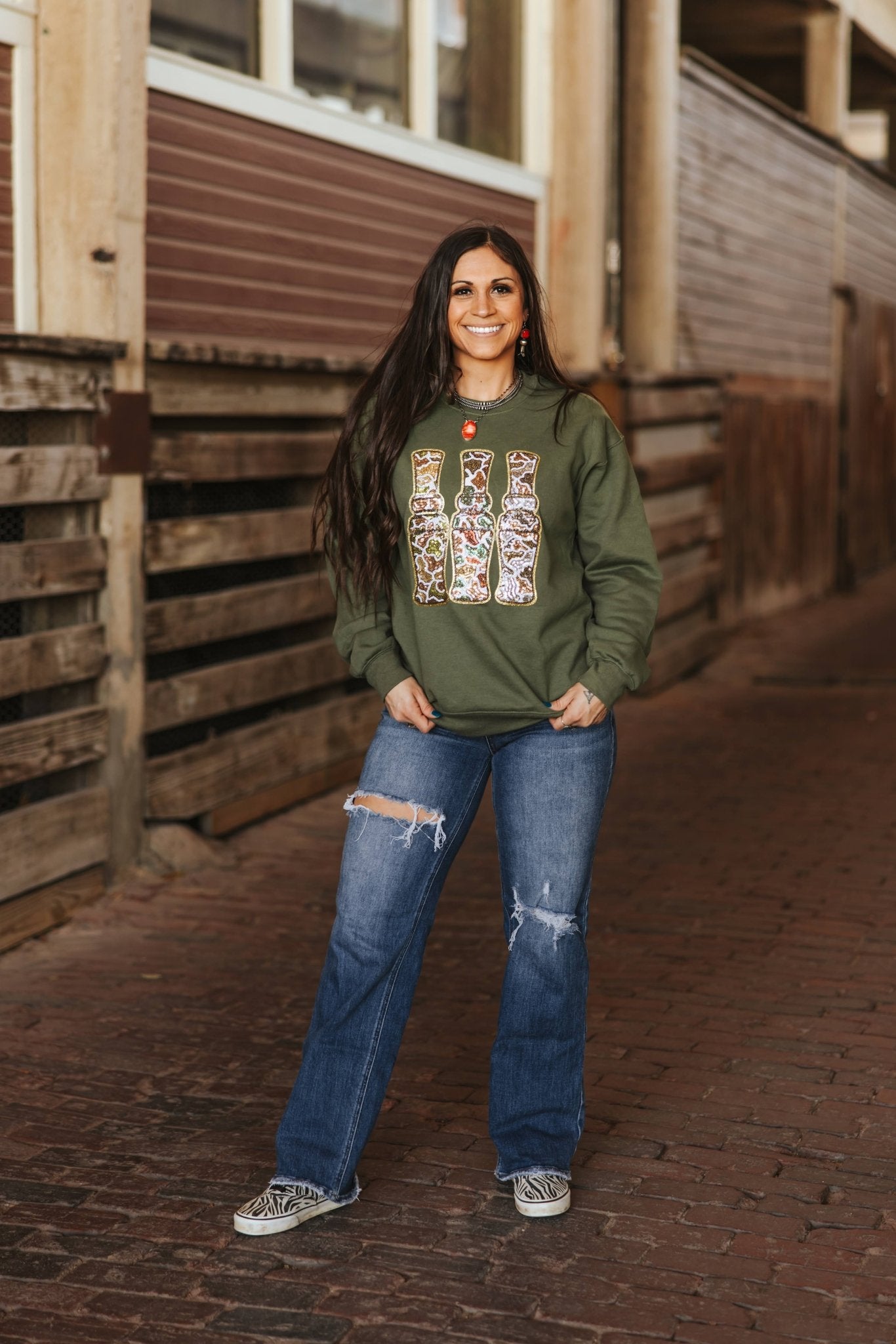 Sequin Hunting Duck Calls Patch Sweatshirt Wild Junkie