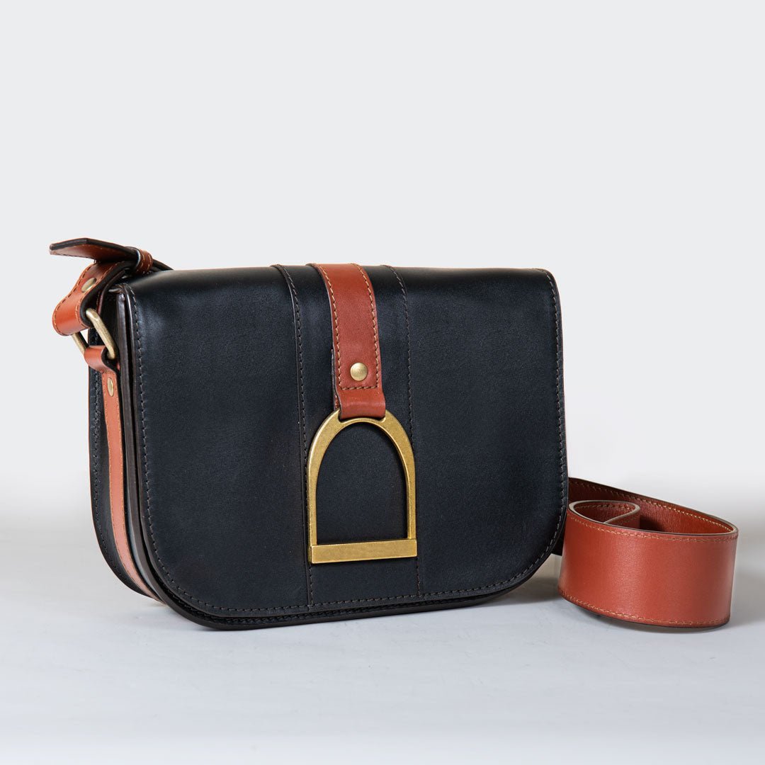 Signature Stirrup - Riding Stirrup Crossbody Luxury Leather Handbag in Cognac on Black Urban-Equestrian